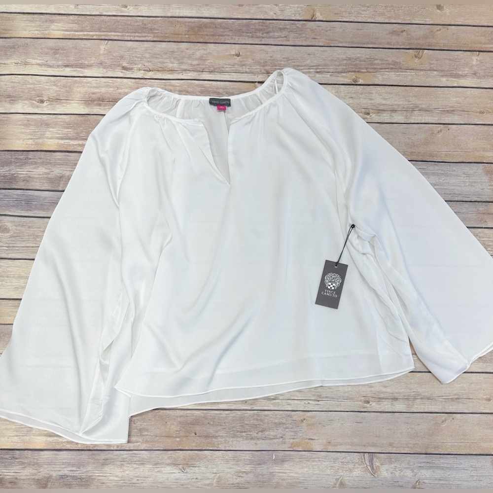 Vince Camuto Womens Satin Split Neck Flutter Sleeves Blouse Top New Ivory XL
